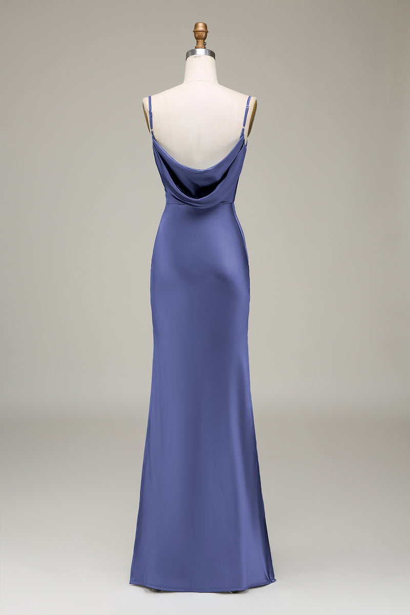 Burgundy Sheath Spaghetti Straps Satin Long Bridesmaid Dress