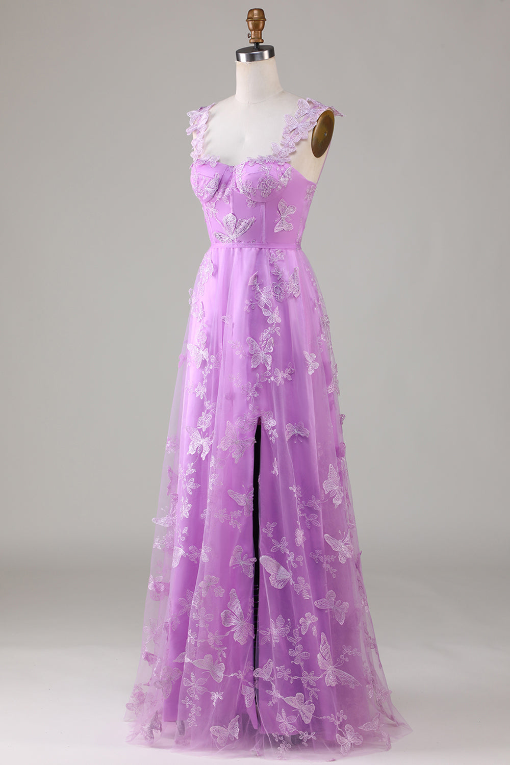 Purple Corset Butterflies A-Line Long Tulle Prom Dress with Slit