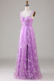 Purple Corset Butterflies A-Line Long Tulle Prom Dress with Slit