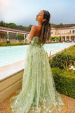 Green Corset Butterflies Long Tulle Formal Dress with Slit