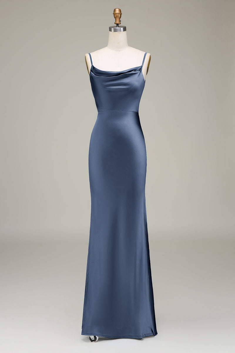 Dusty Blue Sheath Spaghetti Straps Satin Long Bridesmaid Dress