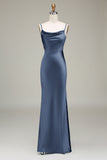 Dusty Blue Sheath Spaghetti Straps Satin Long Bridesmaid Dress