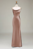 Dusty Blue Sheath Spaghetti Straps Satin Long Bridesmaid Dress