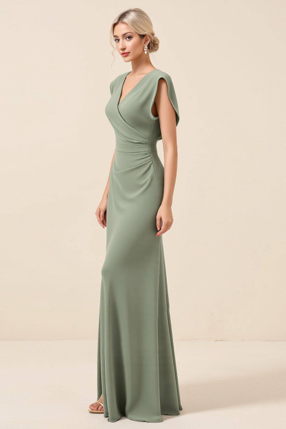Chiffon V-Neck Long Eucalyptus Bridesmaid Dress With Slit