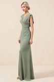 Chiffon V-Neck Long Eucalyptus Bridesmaid Dress With Slit