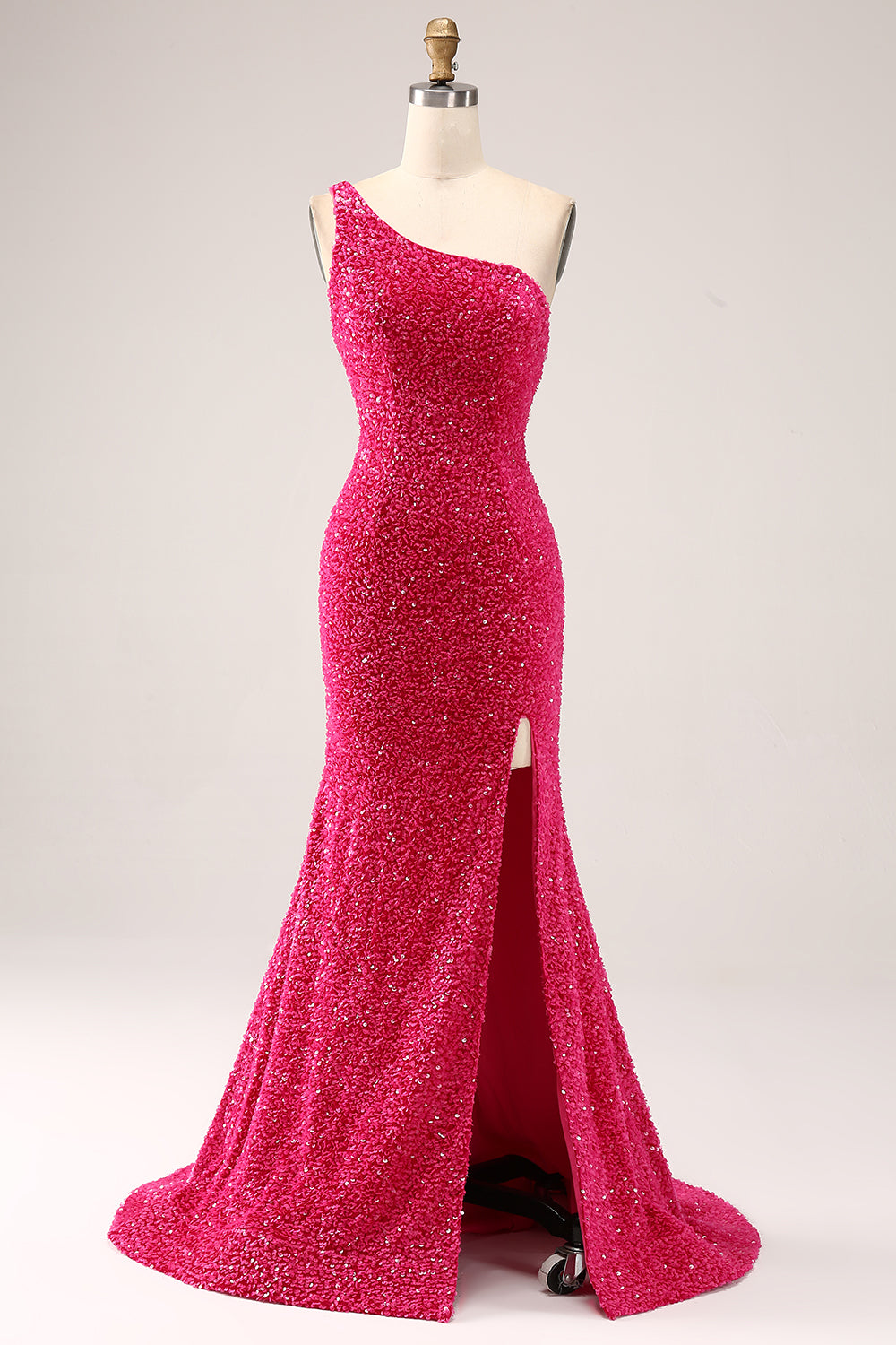 Sparkly Fuchsia Mermaid One Shoulder Long Sequin Formal Dress with Slit