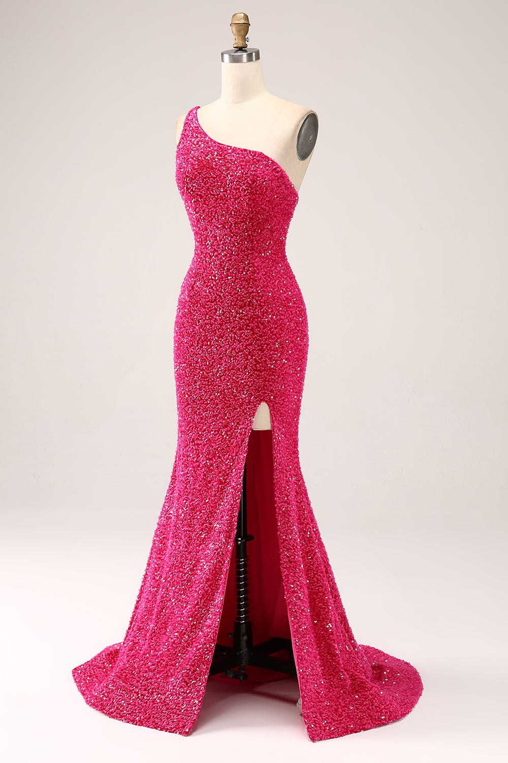 Sparkly Fuchsia Mermaid One Shoulder Long Sequin Formal Dress with Slit