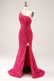 Sparkly Fuchsia Mermaid One Shoulder Long Sequin Formal Dress with Slit