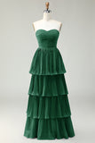 Blush Pink A Line Strapless Pleated Ruffled Long Bridesmaid Dress