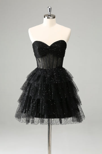 Sparkly A Line Black Sweetheart Tiered Corset Cute Cocktail Dress