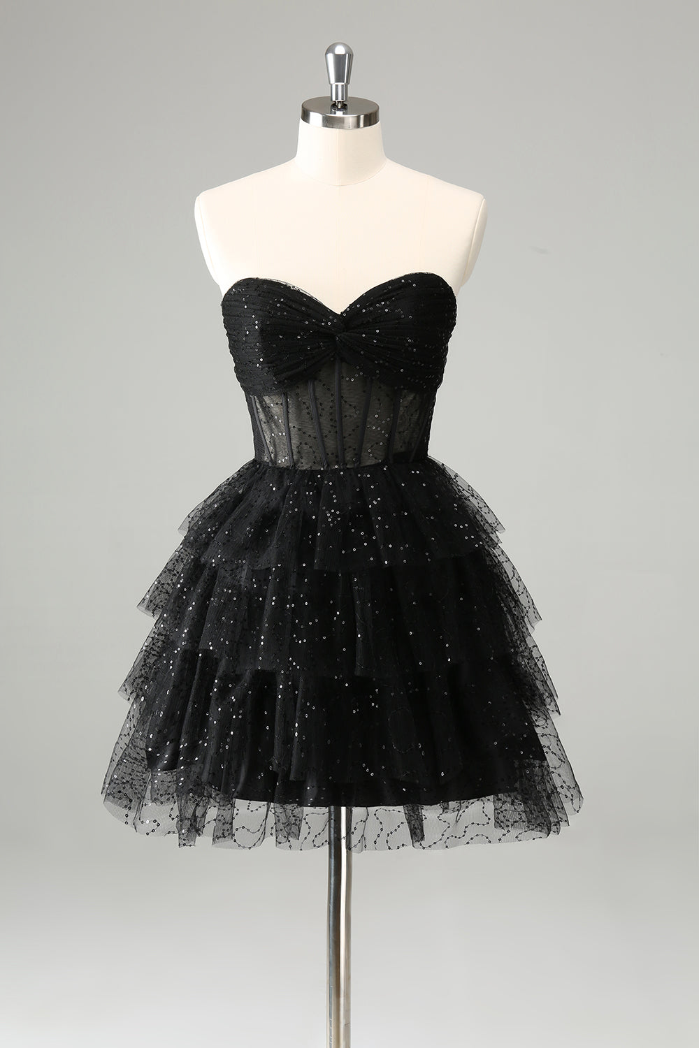 Sparkly A-Line Black Sweetheart Tiered Corset Cocktail Dress