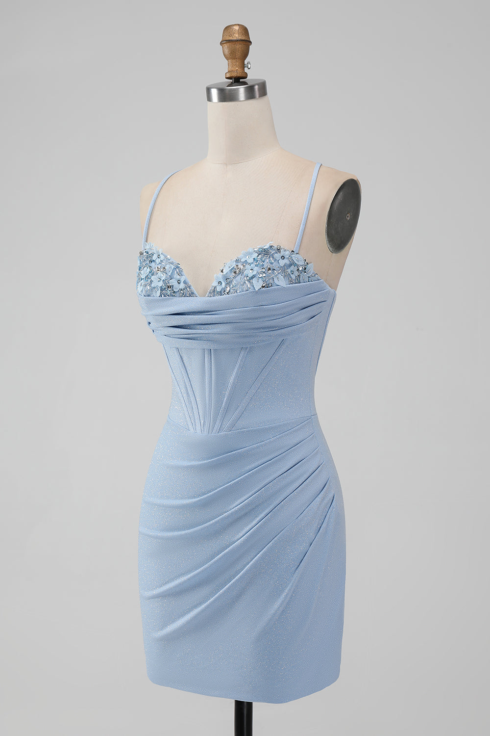 Light Blue Bodycon Corset Spaghetti Straps Short Cocktail Dress
