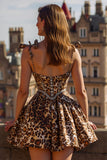 Sparkly Khaki Leopard Printed Short Homecoming Dress