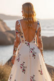 White Floral Long Sleeves Deep V-Neck Floor-Length Wedding Dress