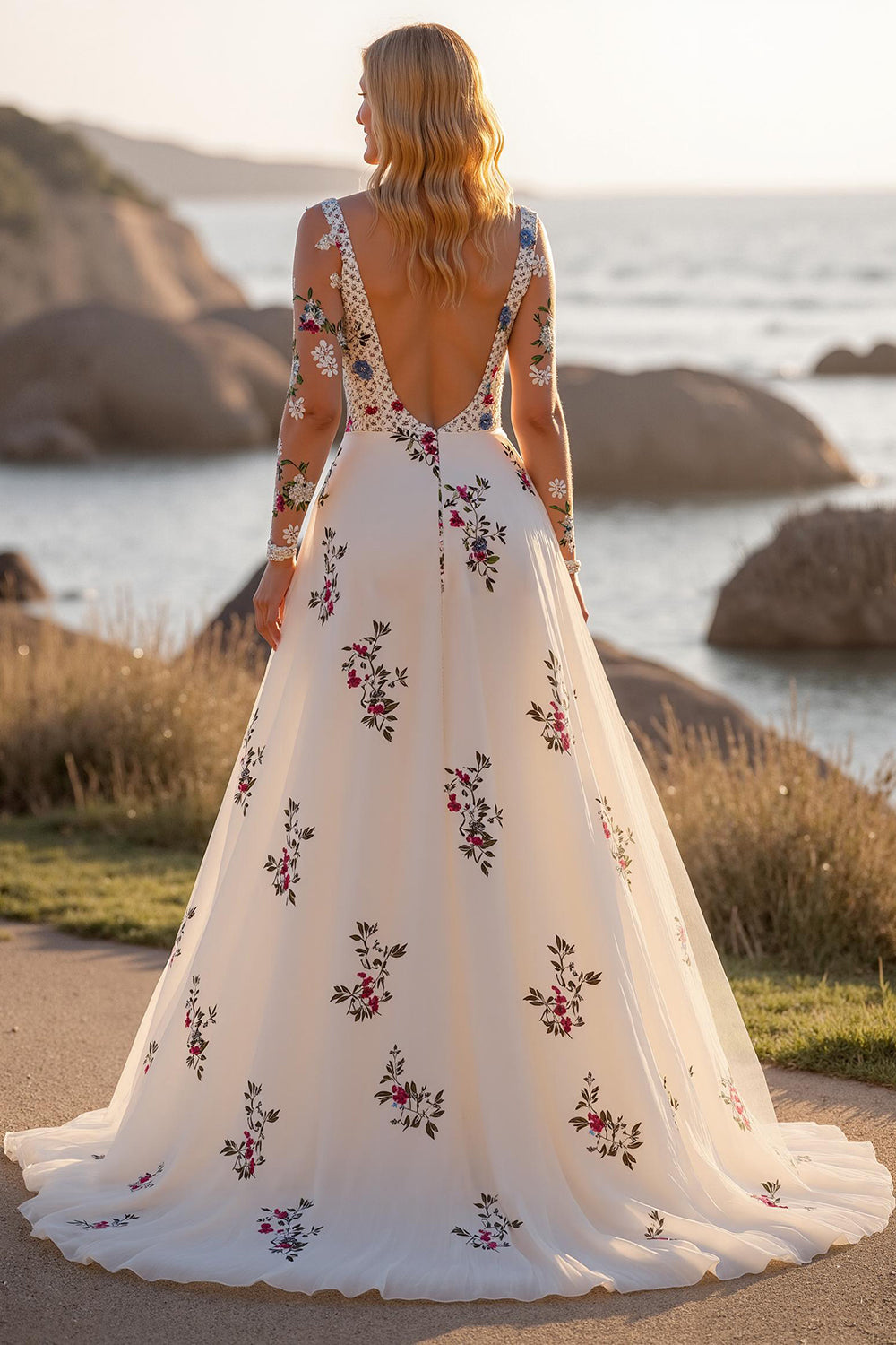 White Floral Long Sleeves Deep V-Neck Floor-Length Wedding Dress