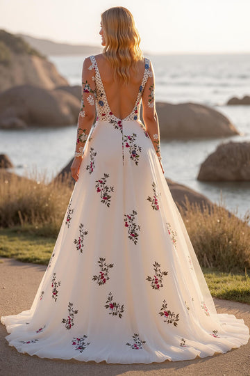 White Floral Long Sleeves Deep V-Neck Floor-Length Wedding Dress