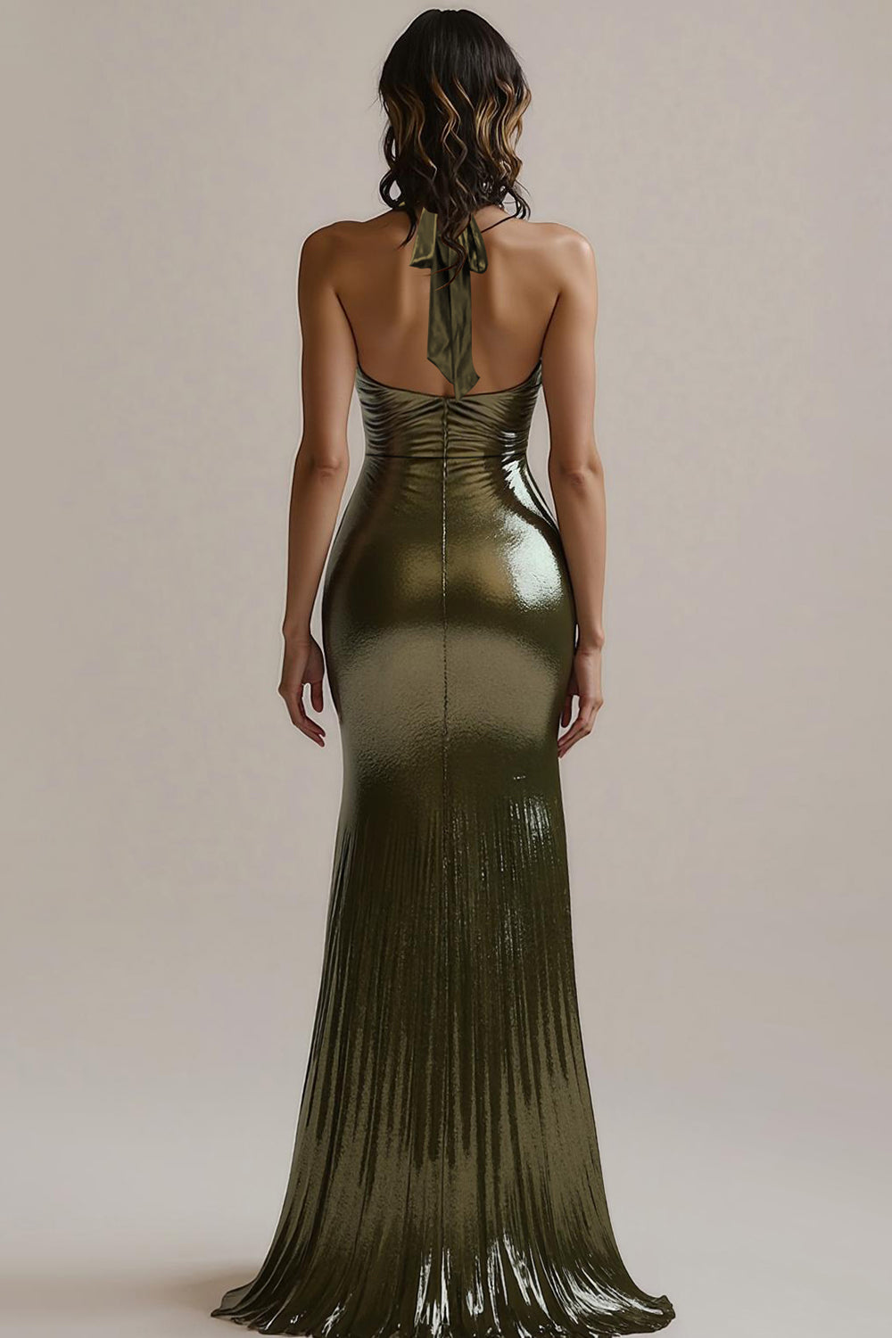 Olive Metallic Halter Ruched Mermaid Long Formal Dress with Slit
