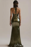 Olive Metallic Halter Ruched Mermaid Long Formal Dress with Slit