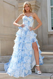 Blue White Floral A-Line Sweetheart Tiered Long Formal Dress with Slit
