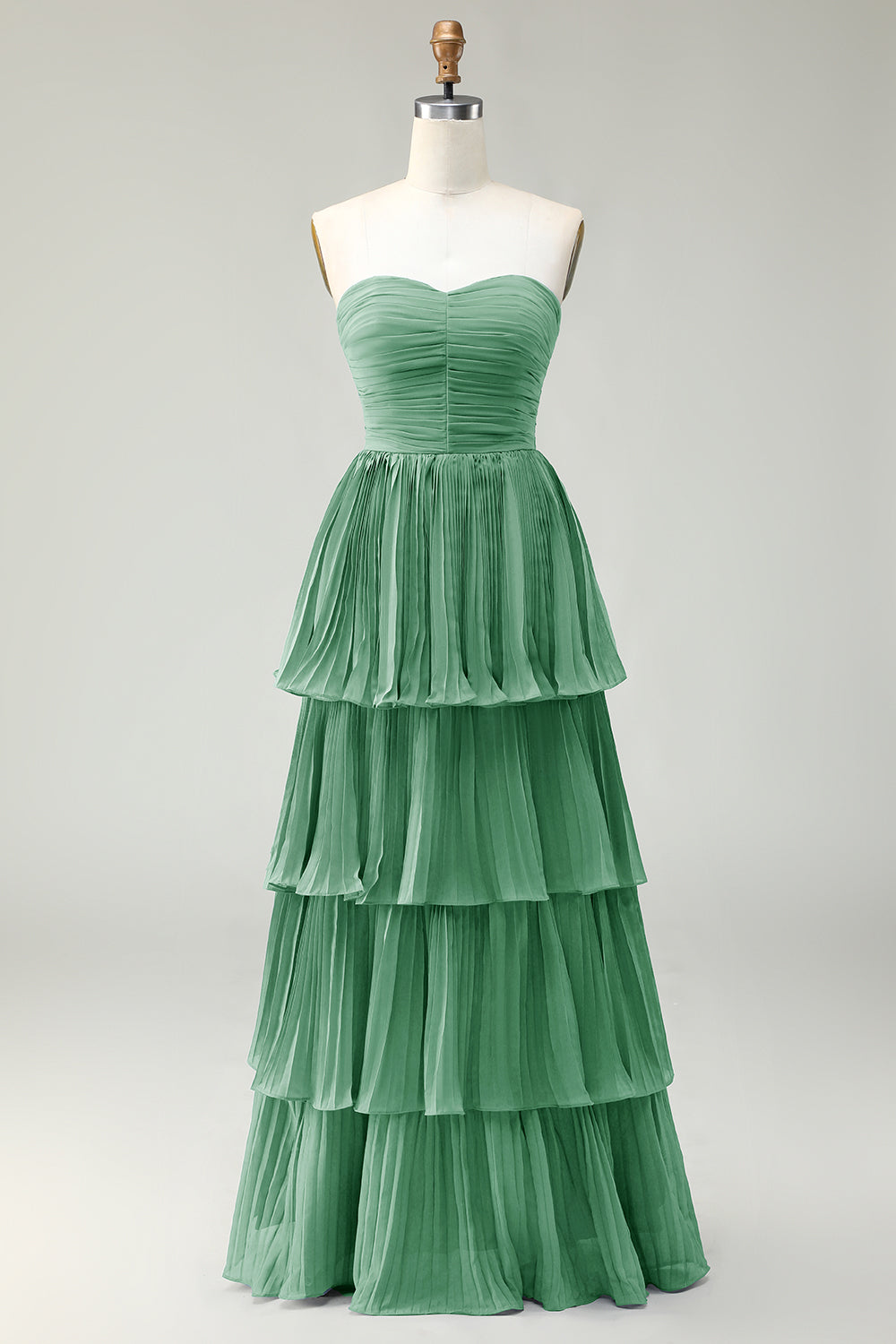 Blush Pink A Line Strapless Pleated Ruffled Long Bridesmaid Dress