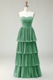 Blush Pink A Line Strapless Pleated Ruffled Long Bridesmaid Dress