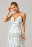 Green Tulle A Line Spaghetti Straps Long Bridesmaid Dress with Ruffles