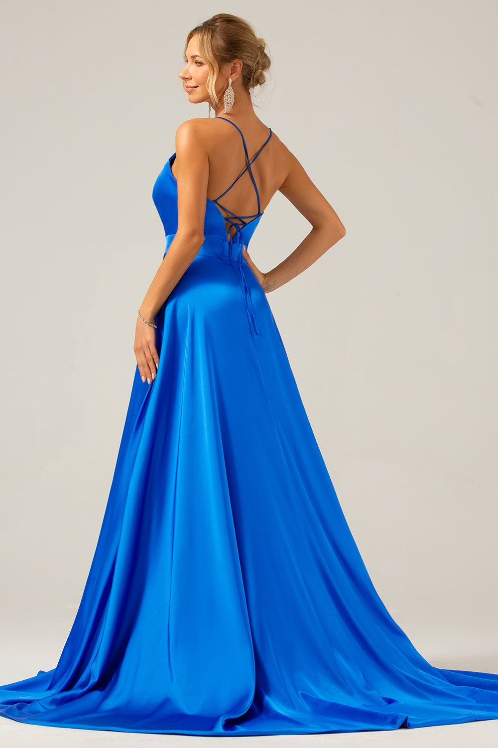 Royal Blue A Line Spaghetti Straps Satin Formal Dress with Slit