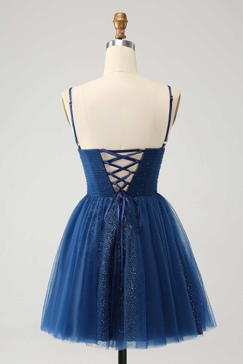 Navy A Line Spaghetti Straps Tulle Lace- Up Back Cocktail Dress