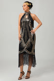 Sparkly Halter Black Golden Sequins Gatsby Midi 1920s Dress with Fringes