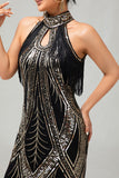 Sparkly Halter Black Golden Sequins Gatsby Midi 1920s Dress with Fringes