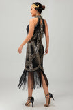 Sparkly Halter Black Golden Sequins Gatsby Midi 1920s Dress with Fringes