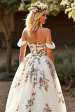 White Tulle Embroidered Off the Shoulder A Line Sweep Train Wedding Dress