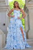 Blue White Floral A-Line Sweetheart Tiered Long Formal Dress with Slit