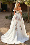 White Tulle Embroidered Off the Shoulder A Line Sweep Train Wedding Dress