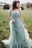 Green Tulle A-Line Spaghetti Straps Ruched Long Formal Dress with Embroidery