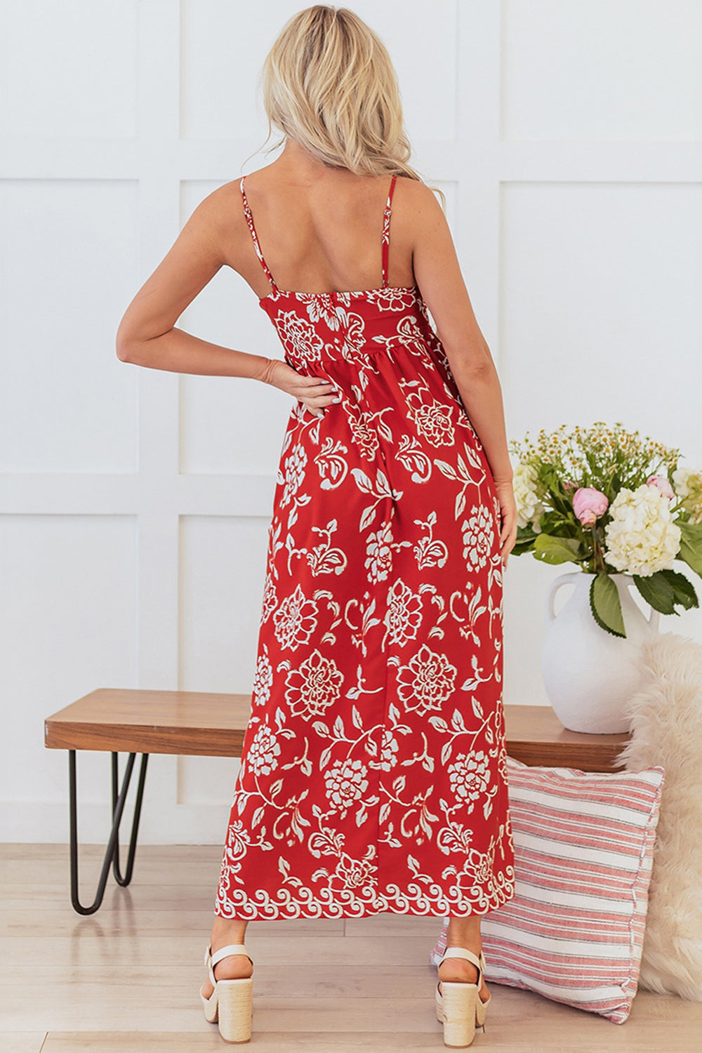 Red Floral A Line Spaghetti Straps Long Summer Dress