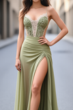 Green Mermaid Spaghetti Straps Appliqued Prom Dress with Slit