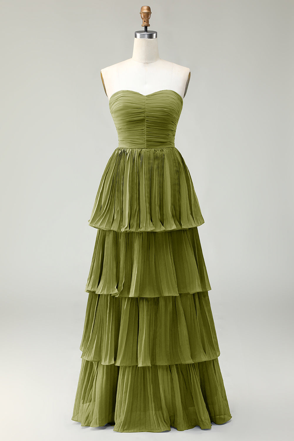 Blush Pink A Line Strapless Pleated Ruffled Long Bridesmaid Dress
