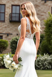Ivory Satin V Neck Sweep Train Mermaid Wedding Dress with Lace