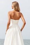 Ivory Strapless Sweep Train Boho Wedding Dress with Slit