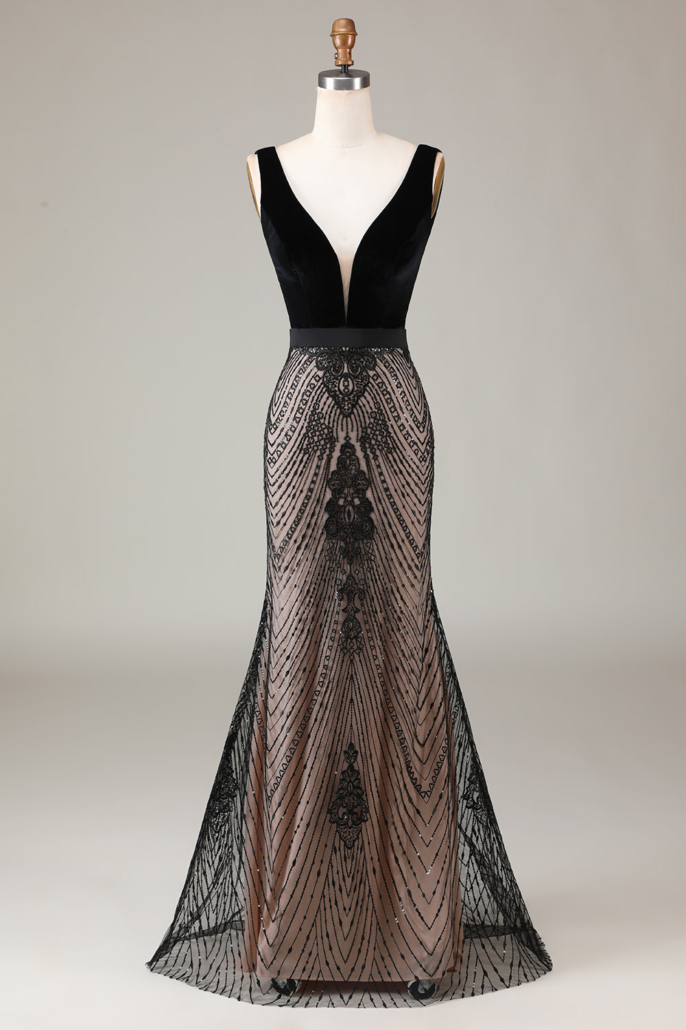 Zapaka Women Sparkly Long Beaded Black Formal Dress V-Neck Mermaid Sequins Appliqued Evening Dress
