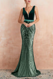 Sparkly Black Mermaid Deep V-Neck Long Formal Dress with Open Back