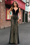Sparkly Black Mermaid Deep V-Neck Long Formal Dress with Open Back