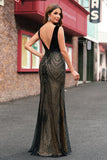 Sparkly Black Mermaid Deep V-Neck Long Formal Dress with Open Back