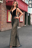 Sparkly Black Mermaid Deep V-Neck Long Formal Dress with Open Back