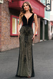 Sparkly Black Mermaid Deep V-Neck Long Formal Dress with Open Back
