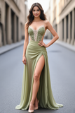 Green Mermaid Spaghetti Straps Appliqued Prom Dress with Slit
