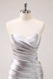 Silver Strapless Hollow Out Pleated Tight Cocktail Dress with Beading