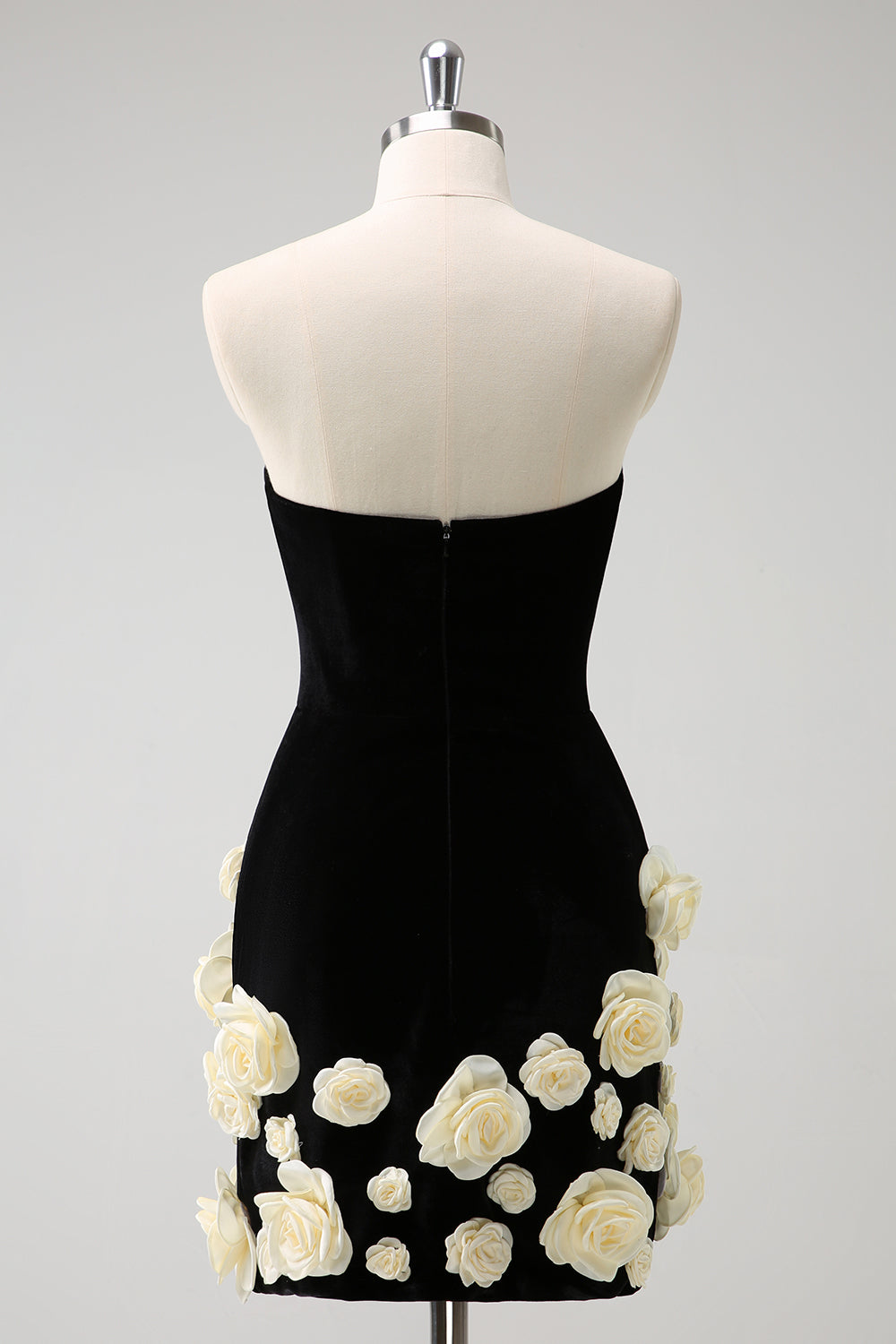 Black Strapless Bodycon Short Cocktail Dress with 3D Flowers