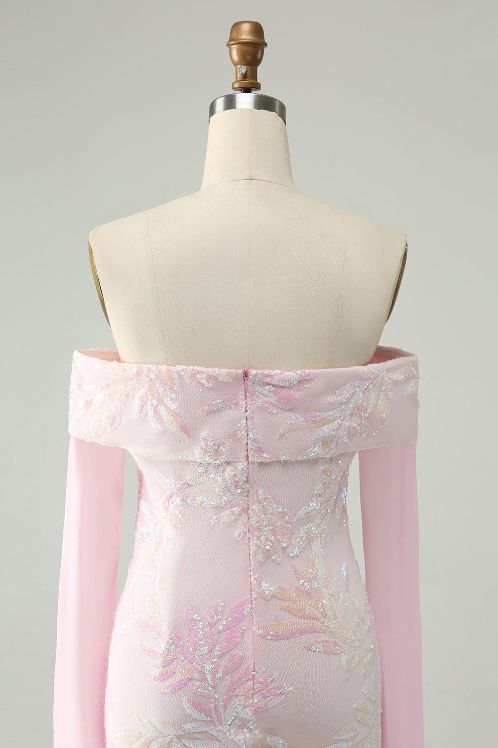 Sparkly Pink Bodycon Off The Shoulder Sequin Cocktail Dress with Long Sleeves